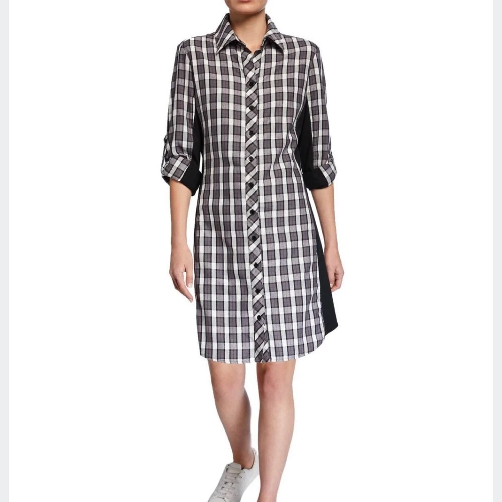 Finley Casey Check Plaid Flannel Long Sleeve Shirt Dress Gray Black Women XS